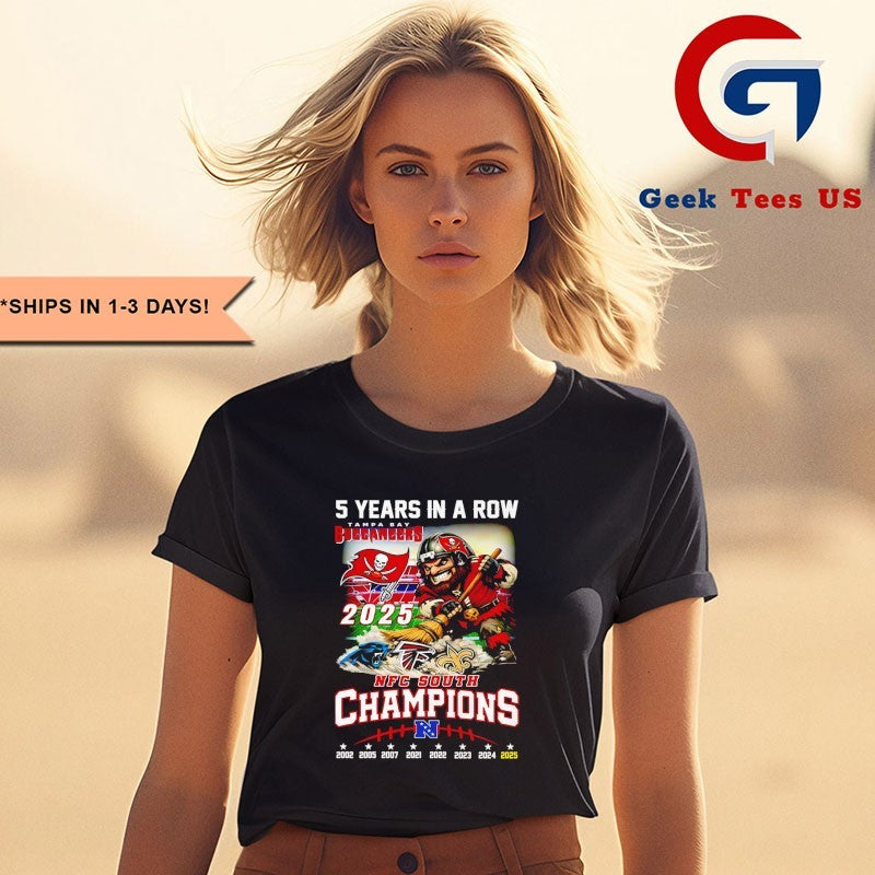 5 Years In A Row Tampa Bay Buccaneers 2025 NFC South Champions mascot T-shirt