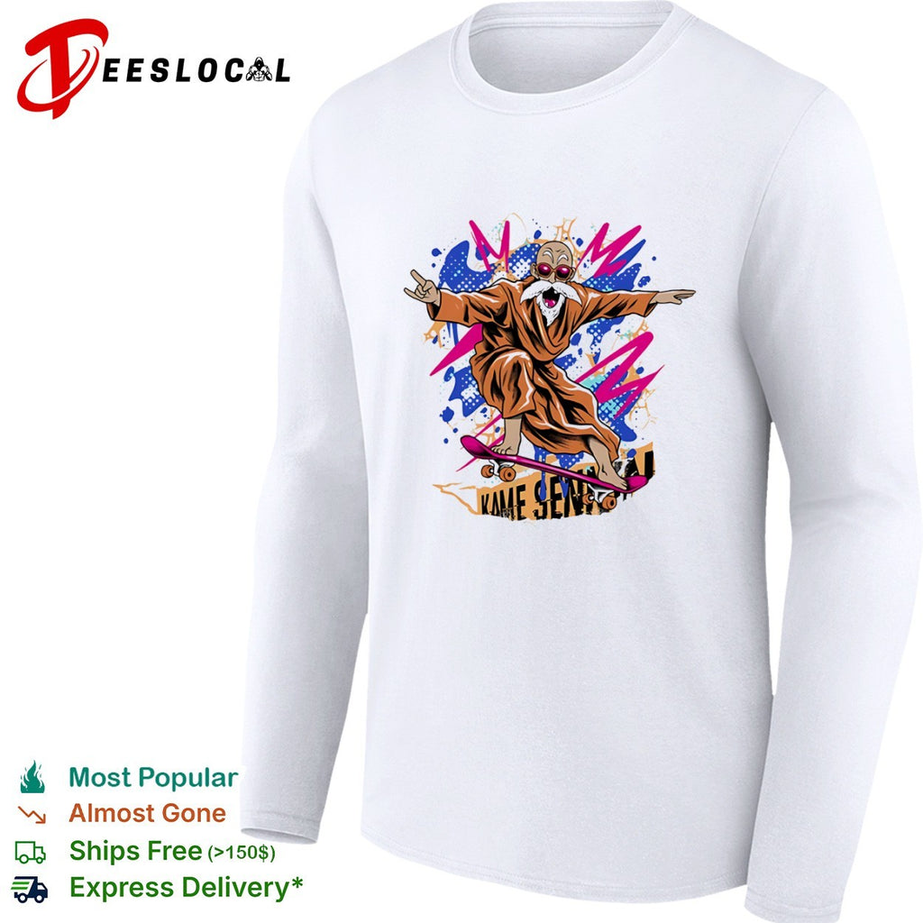 A skateboarding Master Roshi Shaolin Skate Sage shirt