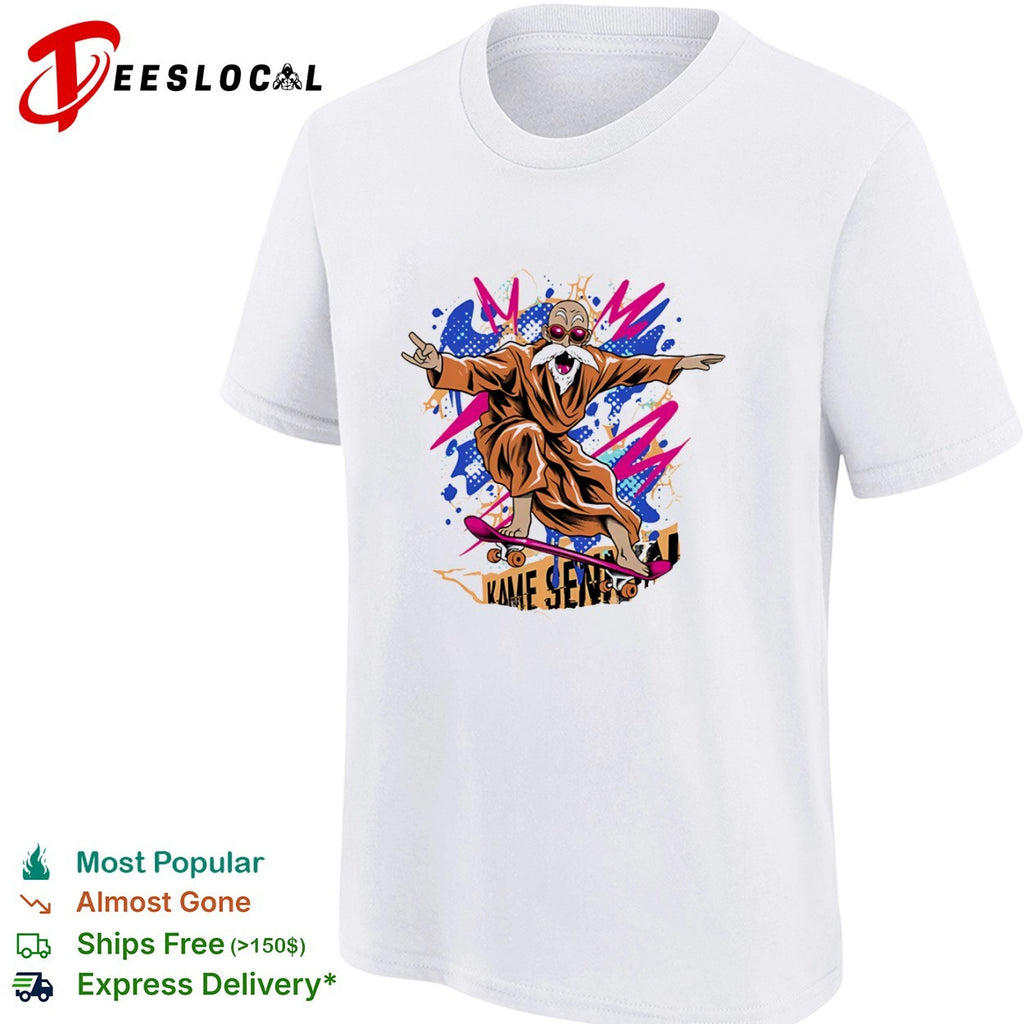 A skateboarding Master Roshi Shaolin Skate Sage shirt