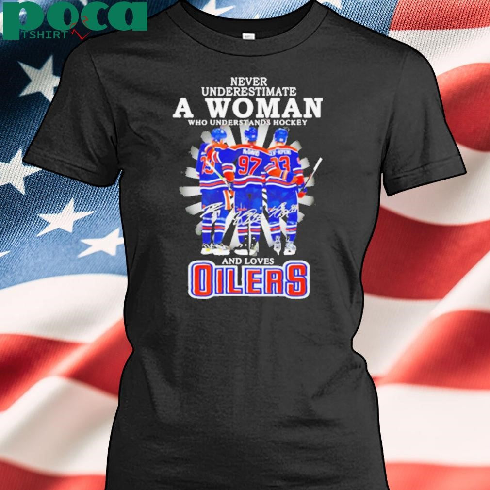 A woman who understands hockey and loves Oilers hockey shirt