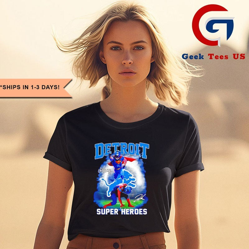 Amon-Ra St. Brown Super Man Jahmyr Gibbs Detroit Lions Super Heroes 2025 signature shirt