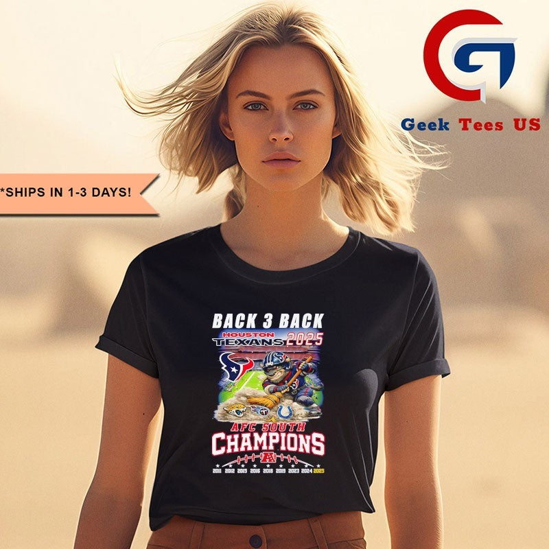 Back-3-Back Houston Texans 2025 AFC South Champions mascot T-shirt
