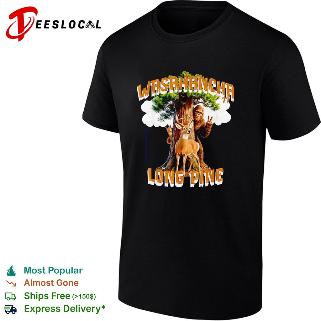Bigfoot raising peace sign Washaancha 77 Long Pine deer shirt