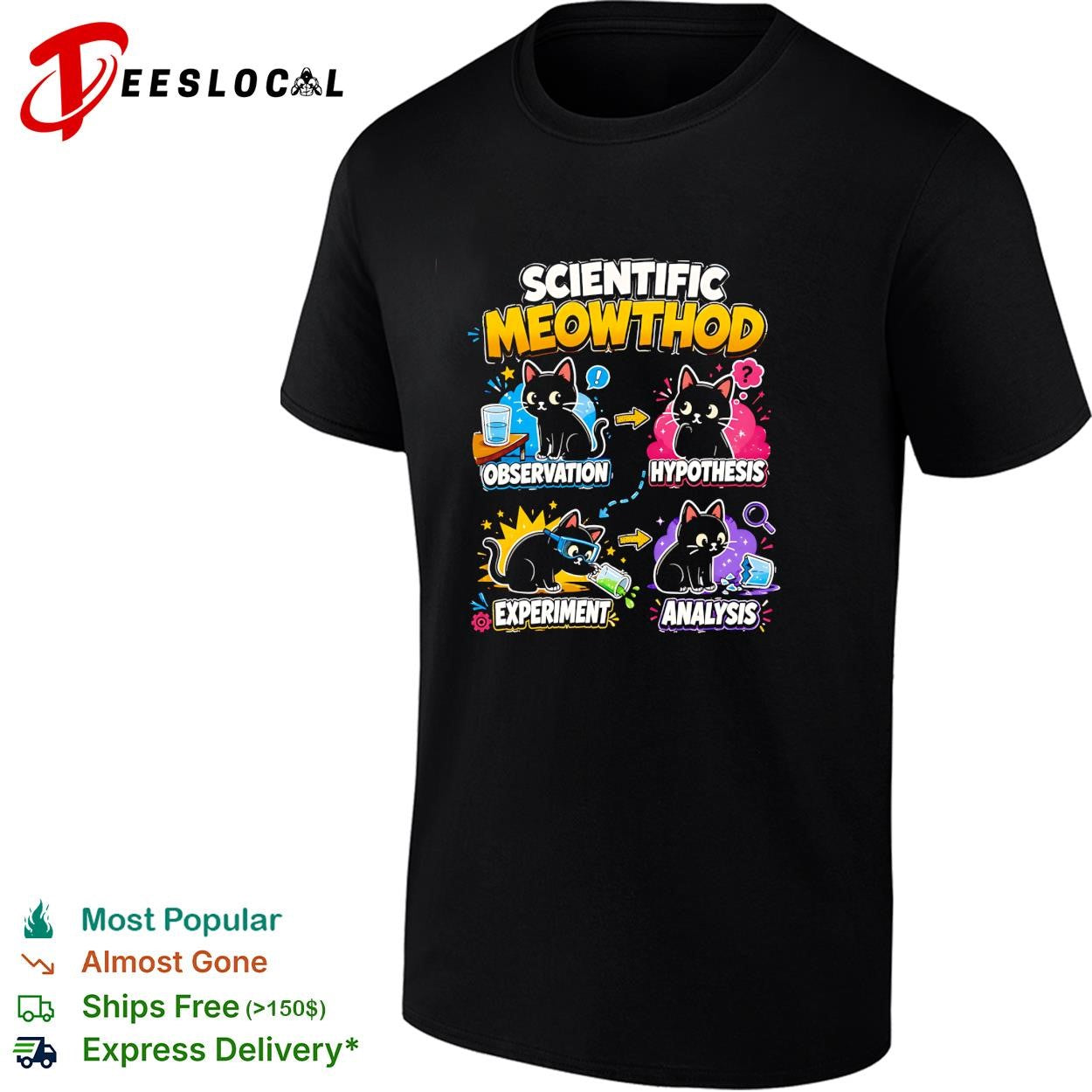 Black cat funny feline lab flasks scientific meowthod observation hypothesis experiment analysis shirt