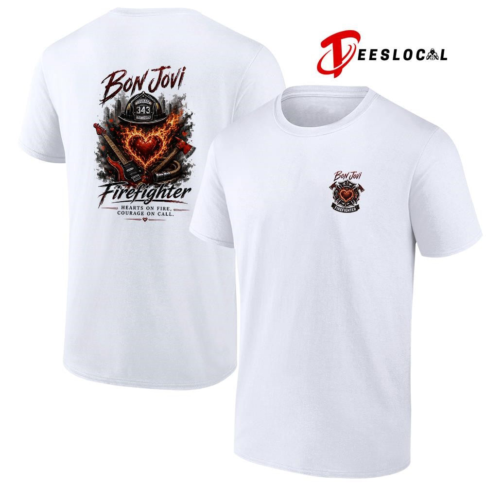 Bon Jovi firefighter heart on fire courage on call graphic shirt