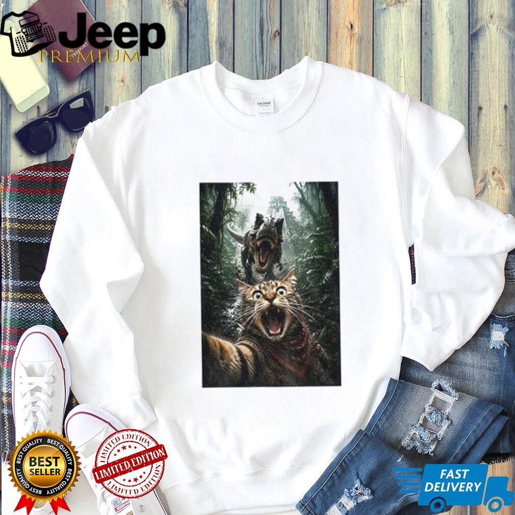 Cat Selfie with T Rex Dinosaur Adventure shirt