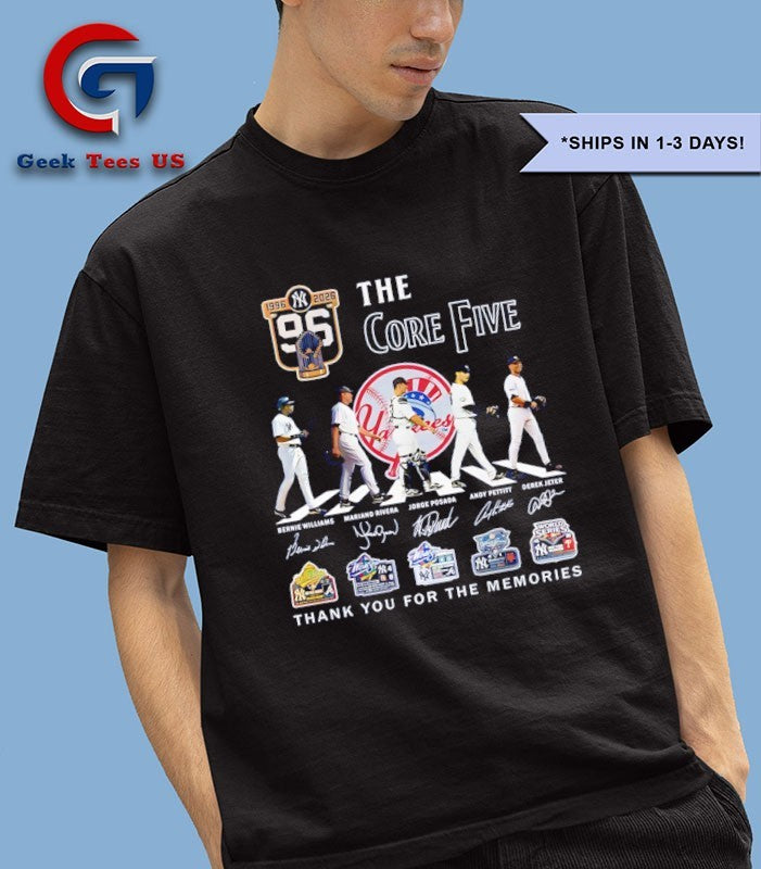 Core Five 1996-2026 Jeter Rivera Petitt Williams Posada New York Yankees baseball abbey road signature T-shirt