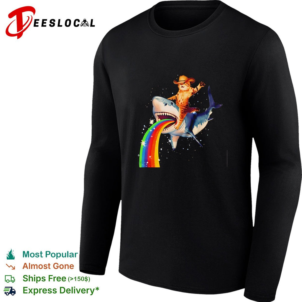 Cowboy cat riding a shark rainbow funny shirt