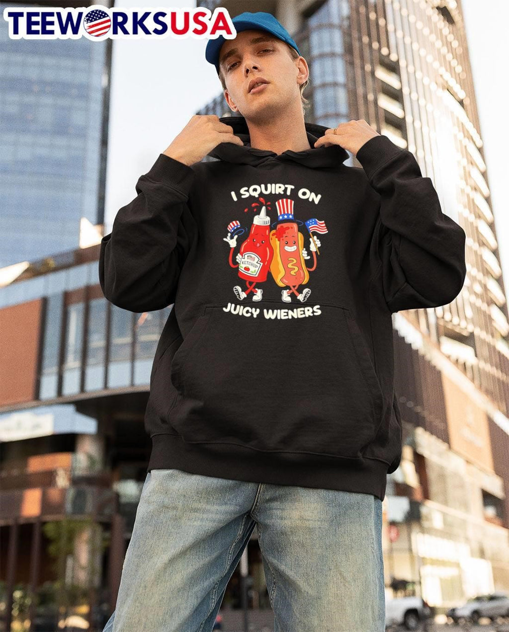 Funny American Food Fourth of July Patriotic Ketchup Hot Dog I Squirt on Juicy Wieners shirt