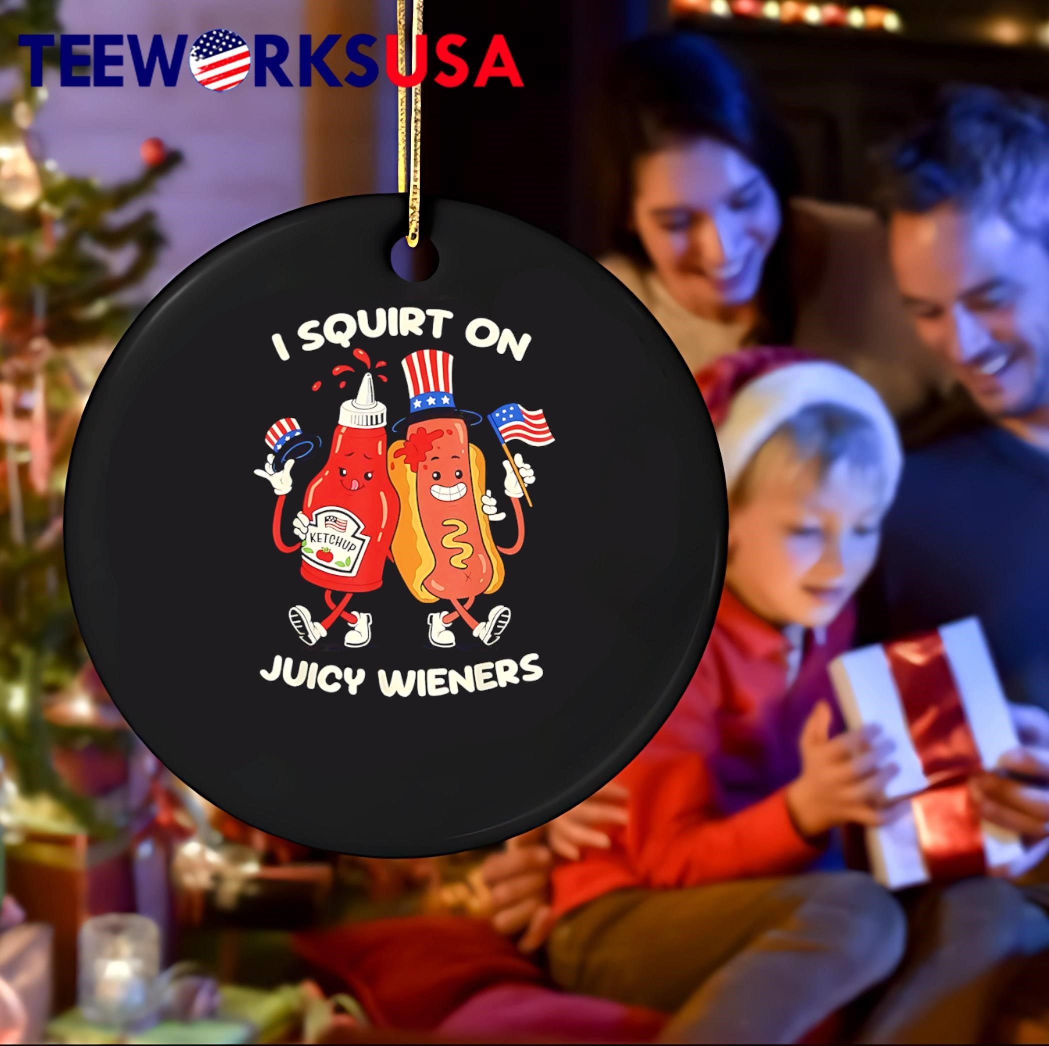 Funny American Food Fourth of July Patriotic Ketchup Hot Dog I Squirt on Juicy Wieners shirt