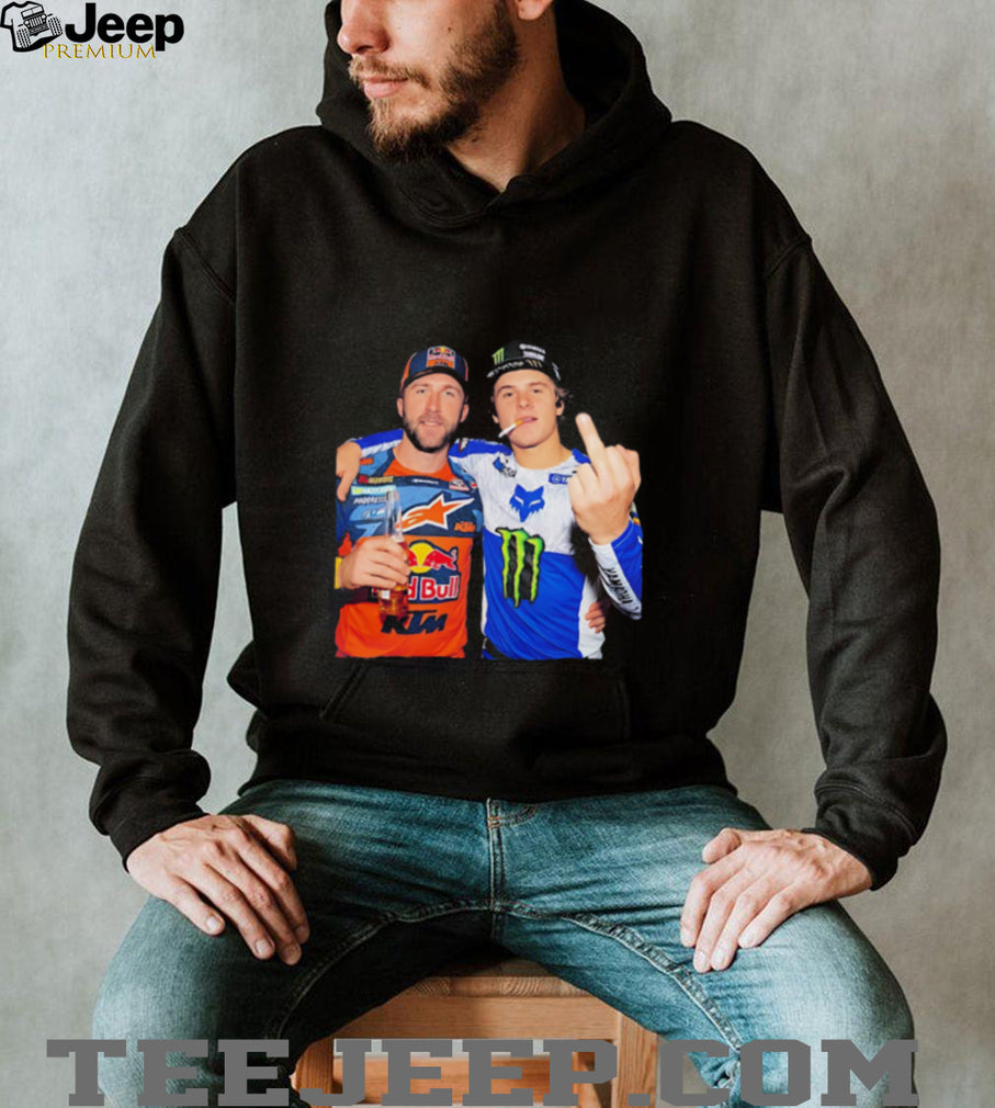 Haiden Deegan & Eli Tomac holding beer middle finger shirt