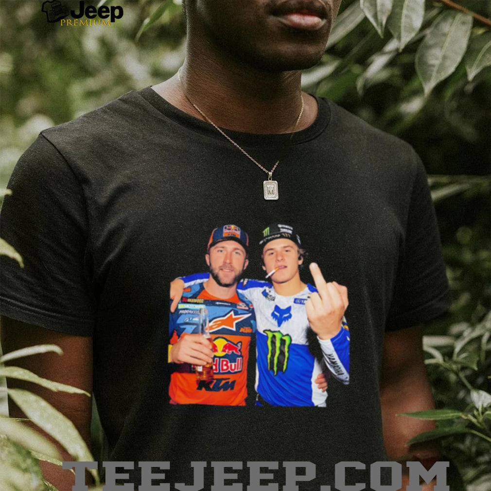 Haiden Deegan & Eli Tomac holding beer middle finger shirt