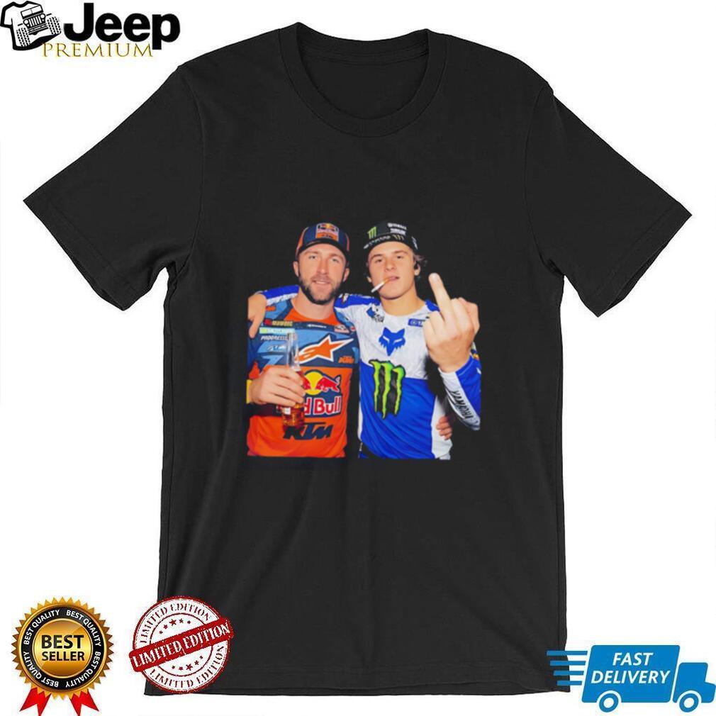 Haiden Deegan & Eli Tomac holding beer middle finger shirt
