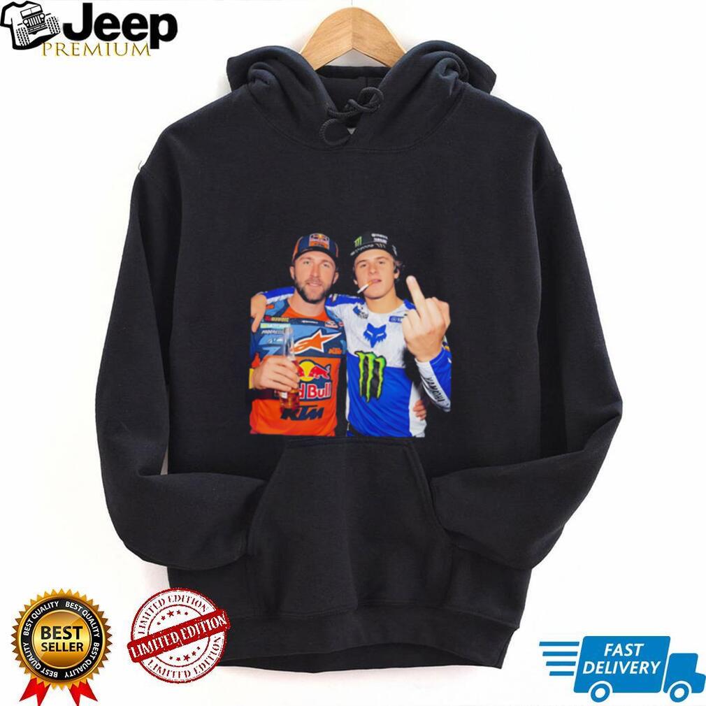 Haiden Deegan & Eli Tomac holding beer middle finger shirt