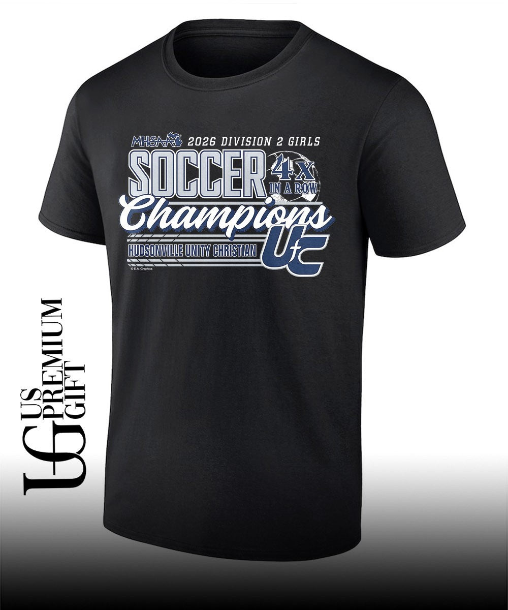 Hudsonville Unity Christian MHSAA Girls Soccer D2 4x in a Row Champions 2026 shirt