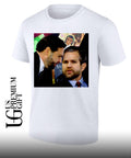 JD Vance and Jerry Falwell Jr whispering in the American shirt
