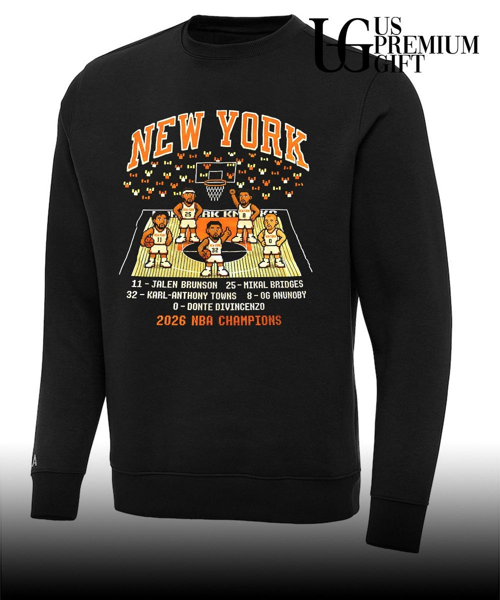 Jalen Brunson Mikal Bridges Karl-Anthony Towns OG Anunoby Donte DiVincenzo New York 2026 NBA Champions 8 bit shirt