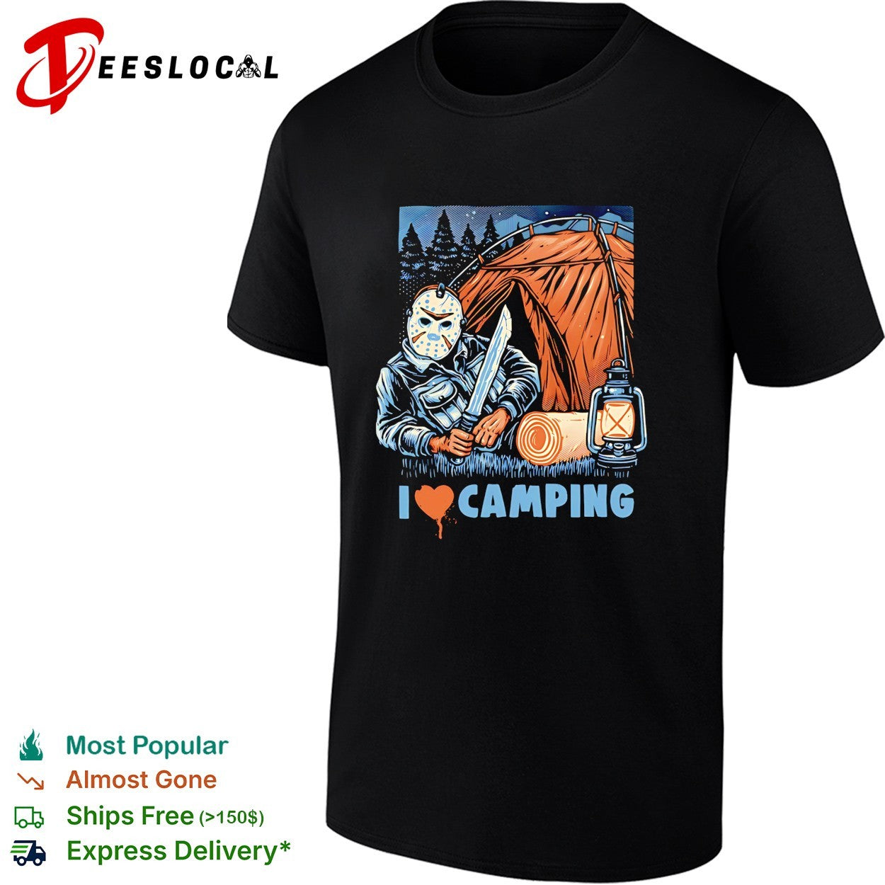 Jason Voorhees holding knife I love camping shirt