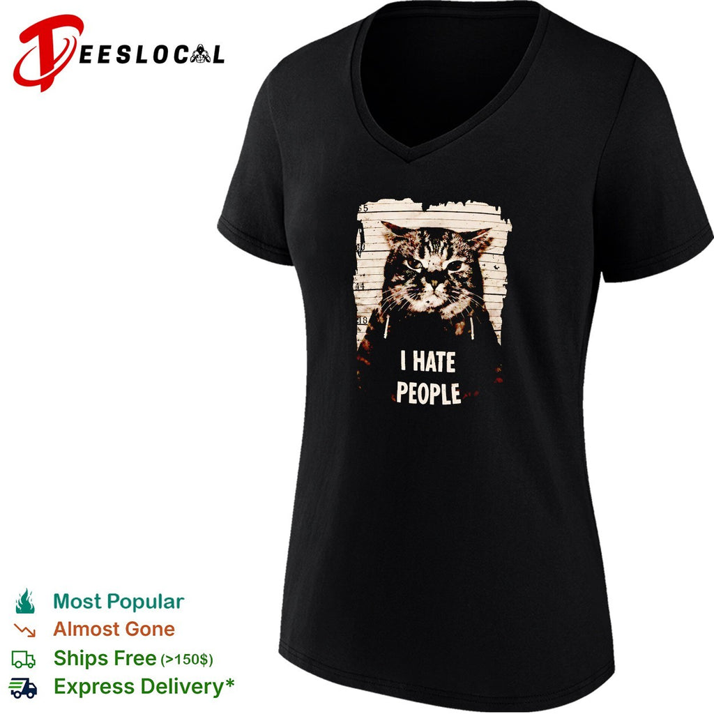 Jeff Satur wearing cat mugshot I hate p[eople shirt