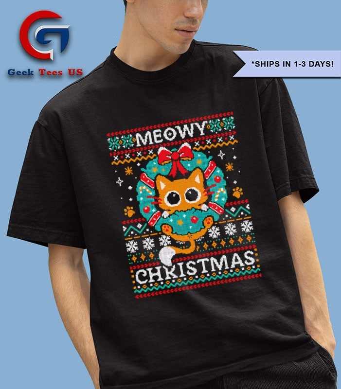 Meowy wreath ugly Christmas 2025 shirt