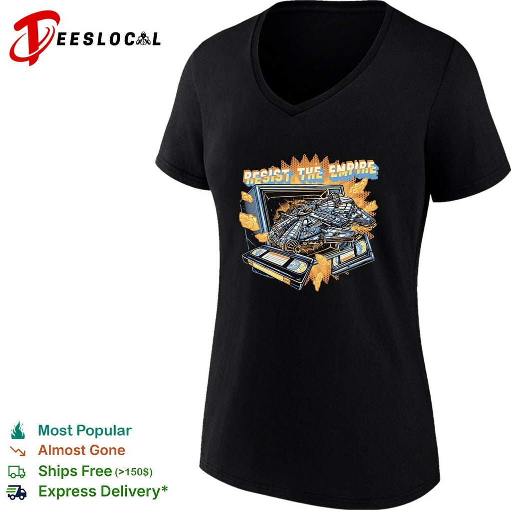 Millennium Falcon bursting through TV resist the empire shirt
