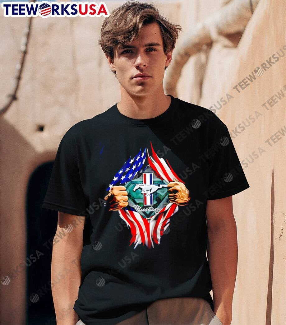 Mustang American Flag Rips Open Chest Superman Logo T-Shirt
