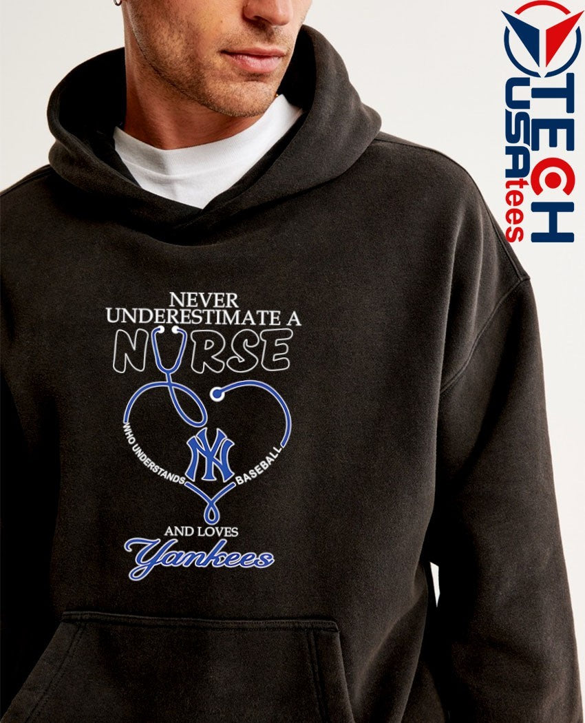 Never underestimate a nurse who understands baseball and loves New York Yankees stethoscope heart shirt