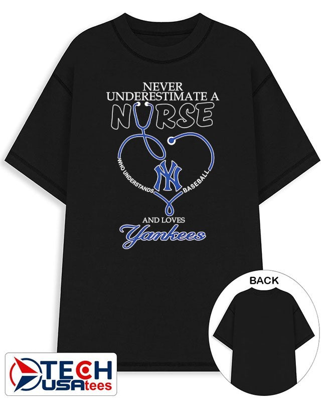 Never underestimate a nurse who understands baseball and loves New York Yankees stethoscope heart shirt