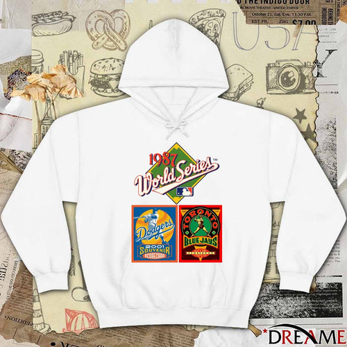 1987 MLB World Series, 2001 LA Dodgers Souvenir Scorecard and 1987 Blue Jays Magazine And Scorebook logos t-shirt
