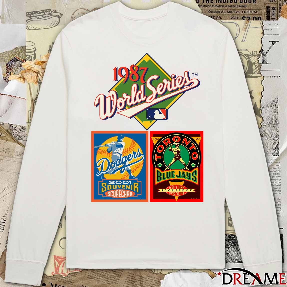 1987 MLB World Series, 2001 LA Dodgers Souvenir Scorecard and 1987 Blue Jays Magazine And Scorebook logos t-shirt