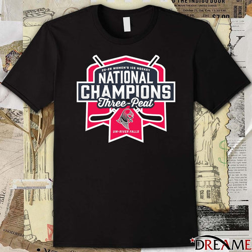 2025-26 Women’s Ice Hockey National Champions Three-Peat UW-River Falls Logo t-shirt