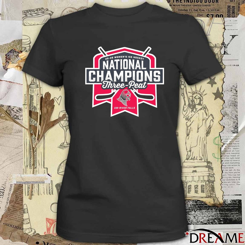 2025-26 Women’s Ice Hockey National Champions Three-Peat UW-River Falls Logo t-shirt