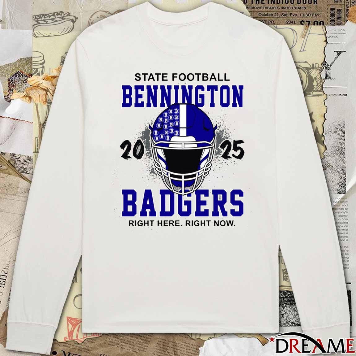 Bennington Badgers Booster Club State Football Right Here Right Now 2025 Helmet t-shirt