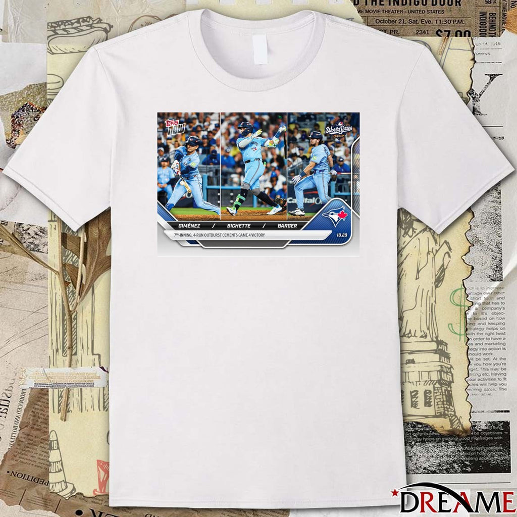 Blue Jays Andrés Giménez, Bo Bichette and Addison Barger 2025 MLB Topps 7th-Inning 4-Run Outburst Cements Game 4 Victory t-shirt