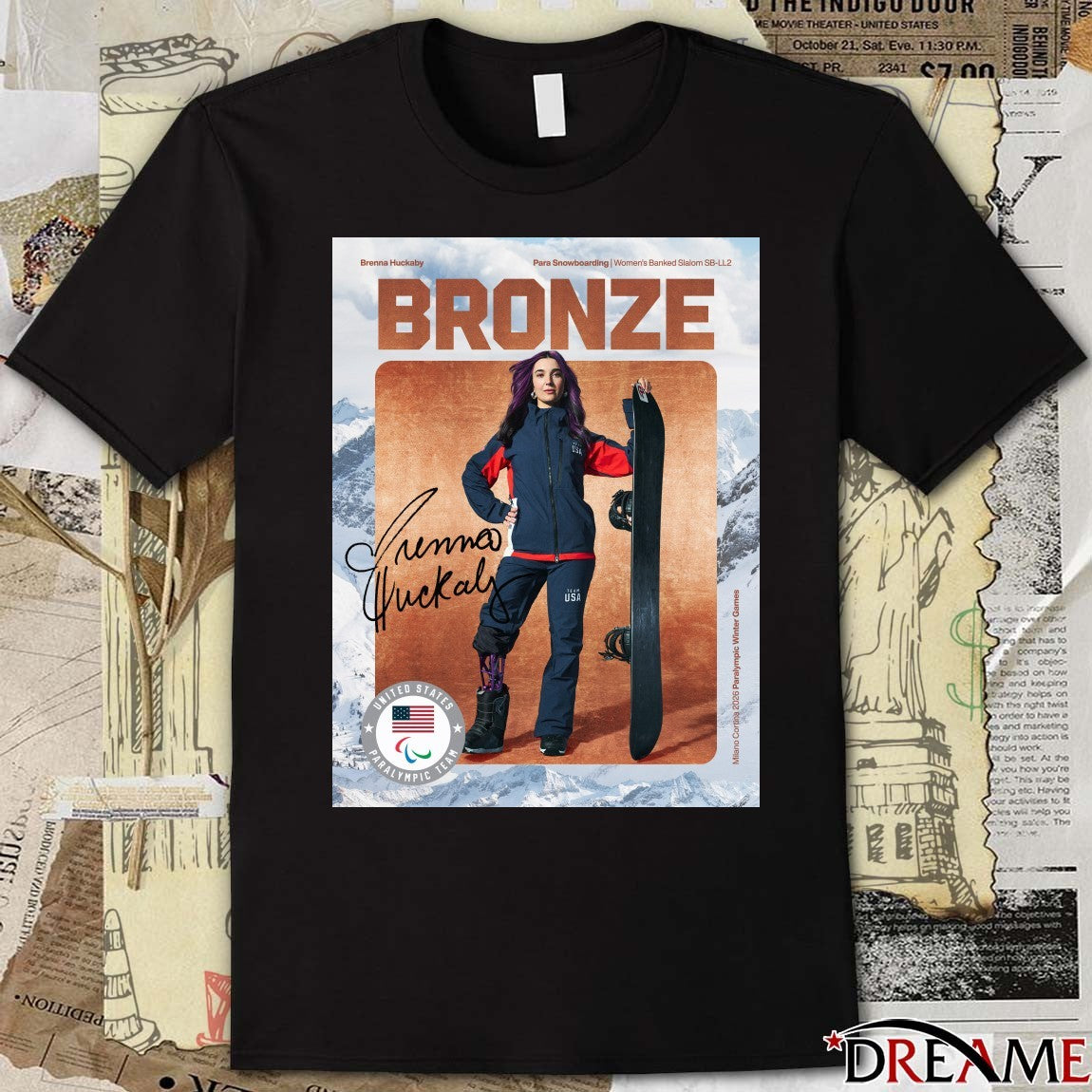 Brenna Huckaby Para Snowboarding Women’s Banked Slalom SB-LL2 Bronze Medal Milano Cortina 2026 Signature Poster t-shirt