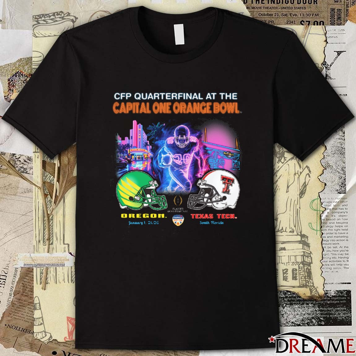 CFP Quarterfinal At The Capital One Orange Bowl Oregon Vs Texas Tech Jan 1 2026 South FL Helmets Art Deco Game t-shirt
