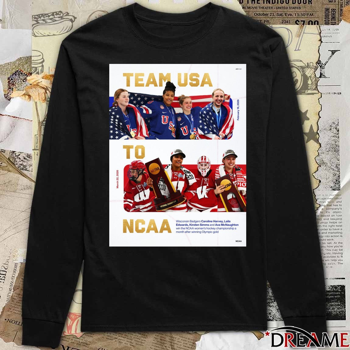 Caroline Harvey, Laila Edwards, Kirsten Simms and Ava McNaughton Olympic Gold Team USA To NCAA March 22 2026 Poster t-shirt