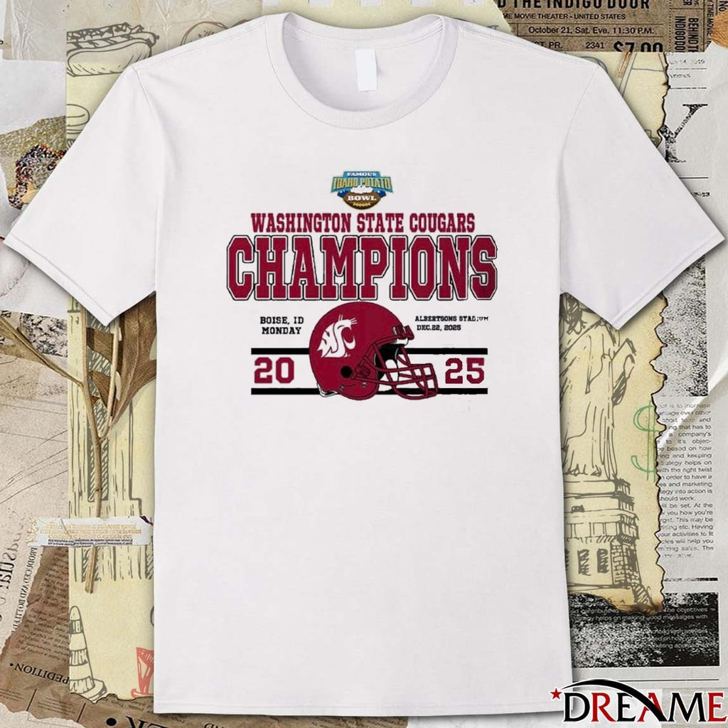 Celebrates 2025 Famous Idaho Potato Bowl Champions Washington State Cougars Helmets Football The Champions 2025 t-shirt