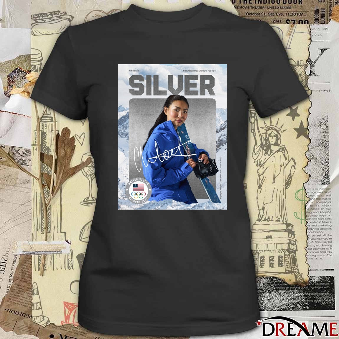 Chloe Kim Snowboarding Women’s Halfpipe Silver Team USA Olympic Signature Poster t-shirt