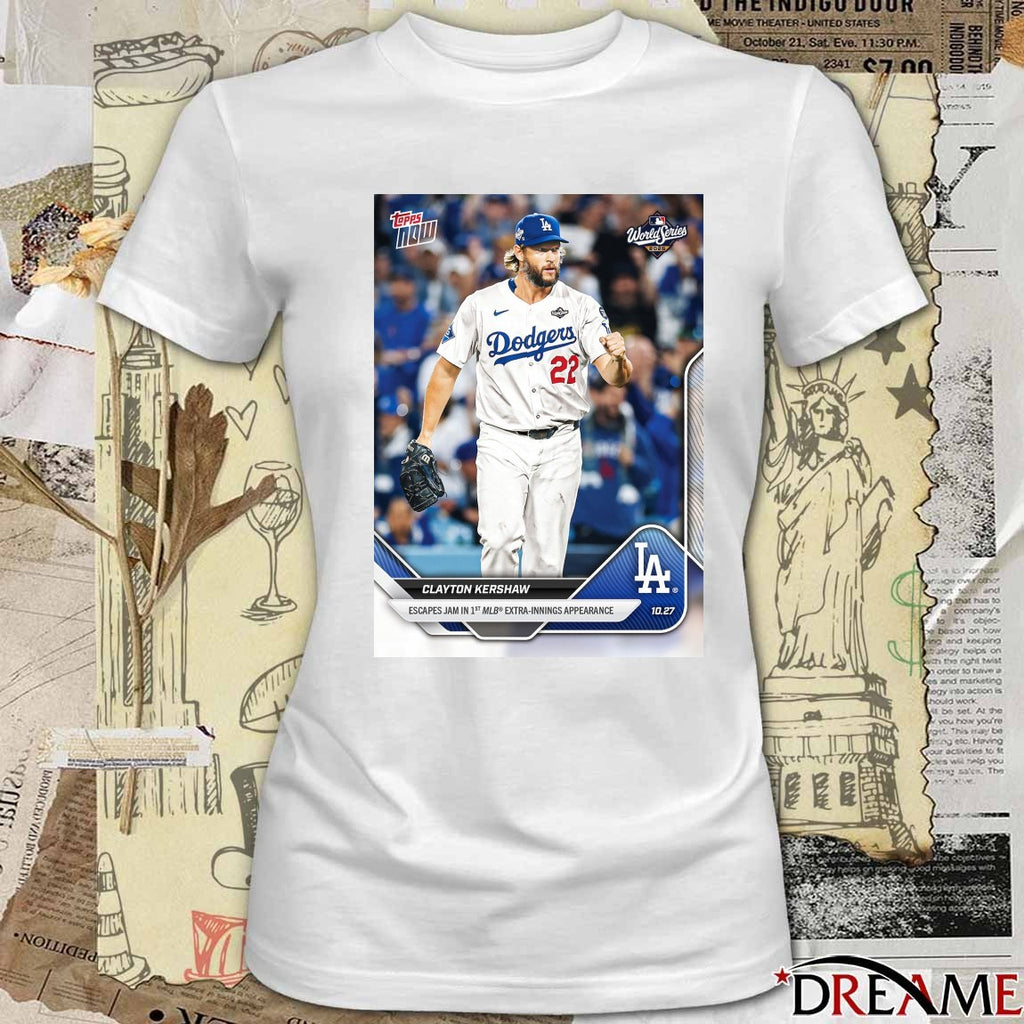 Clayton Kershaw 2025 MLB Topps Los Angeles Dodgers Escapes Jam In 1st MLB Extra-Inning Appearance t-shirt