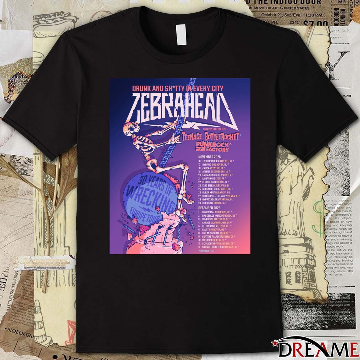 Drunk And Shitty In Every City Zebrahead 30 Years Of Wrecking November – December 2026 Poster t-shirt