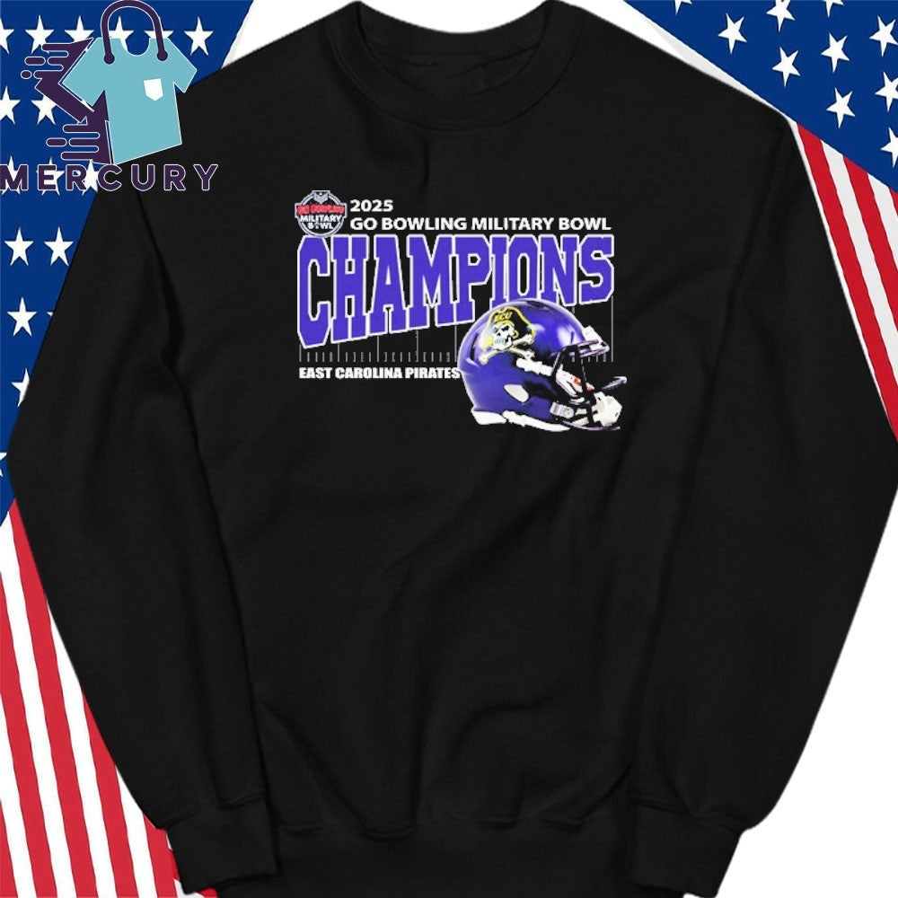 East Carolina Pirates Football 2025 Go Bowling Military Bowl Champions Helmet Shirt