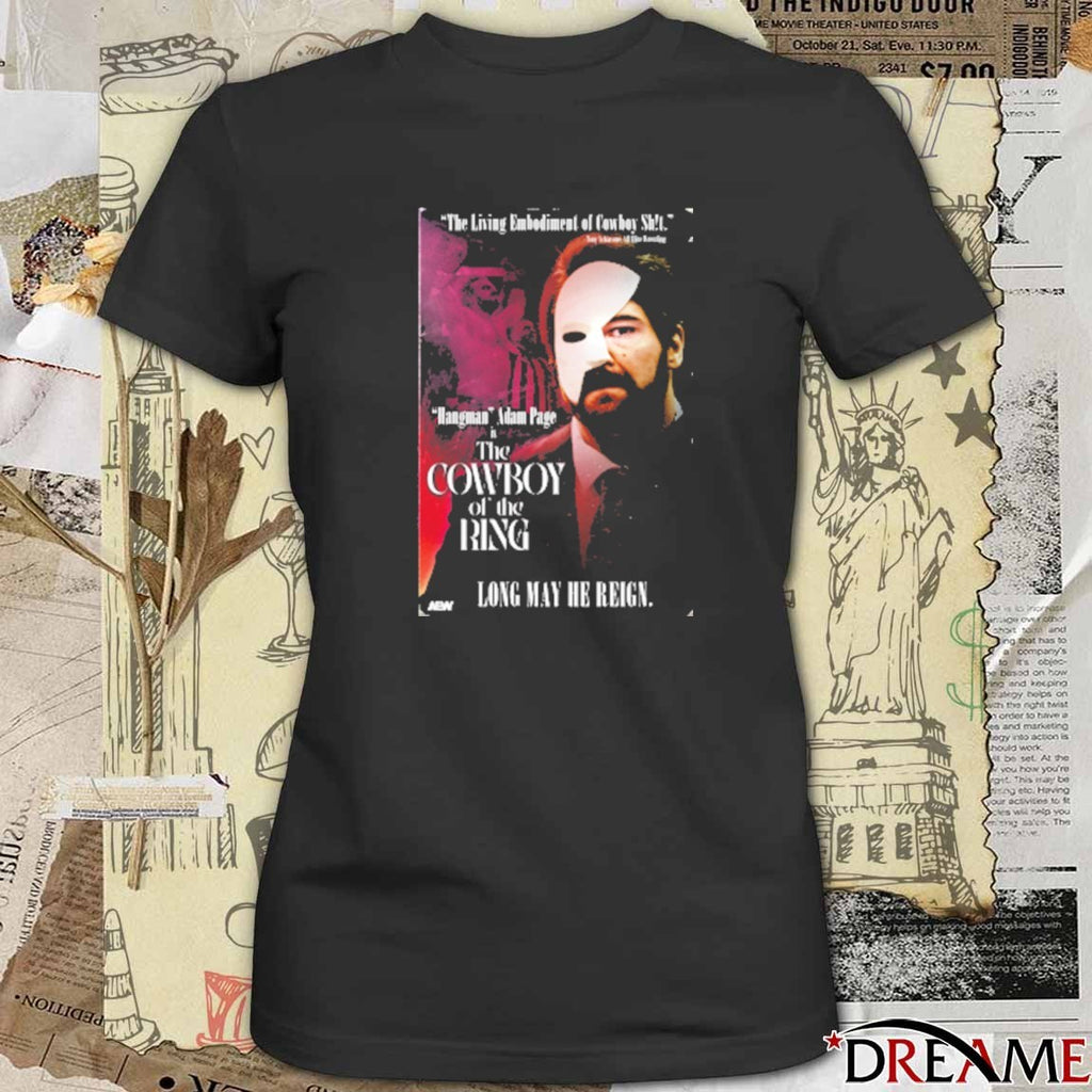 Hangman Adam Page In The Cowboy of the Ring Long May He Reign AEW 2025 t-shirt
