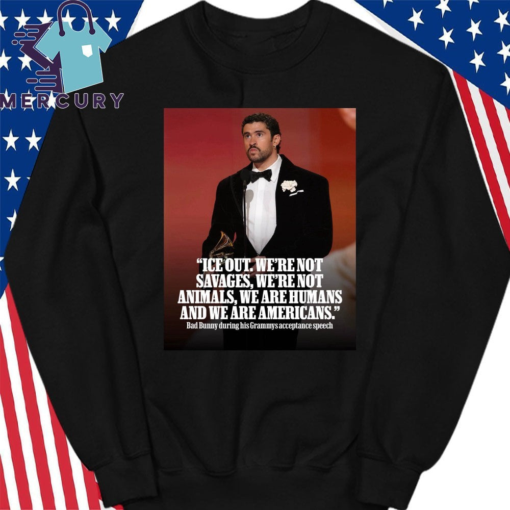 Ice Out Were Not Savages We’re Not Animals We Are Humans And We Are Americans Bad Bunny Grammys Shirt