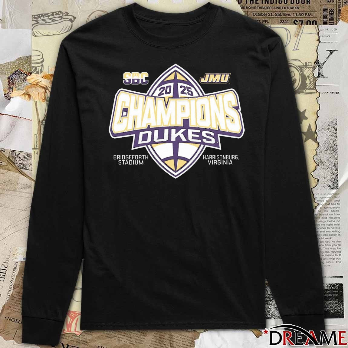 James Madison Dukes 2025 Sun Belt Football Champions Bridgeforth Stadium Harrisonburg Virginia t-shirt