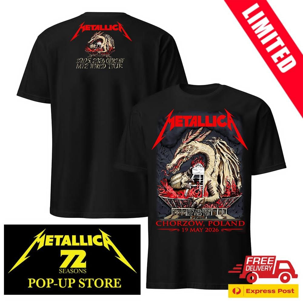Karol Banach Metallica Poland 2026 Two Sided Tee – Wawel Dragon Skeleton – Stadion Slaski Pop-Up Shop