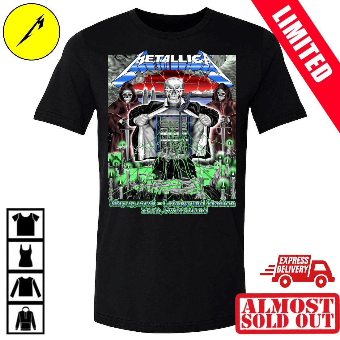 Letzigrund Stadion Zürich Metallica Pop-Up Shop Poster May 27 2026 Art by Luca Schenardi Shirt