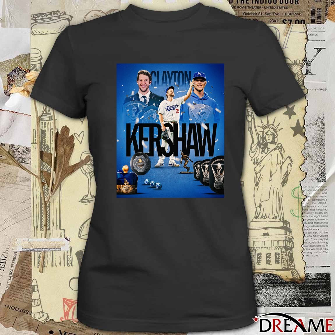 Los Angeles Dodgers Clayton Kershaw Cy Young Awards, an MVP award, and a Triple Crown Poster t-shirt
