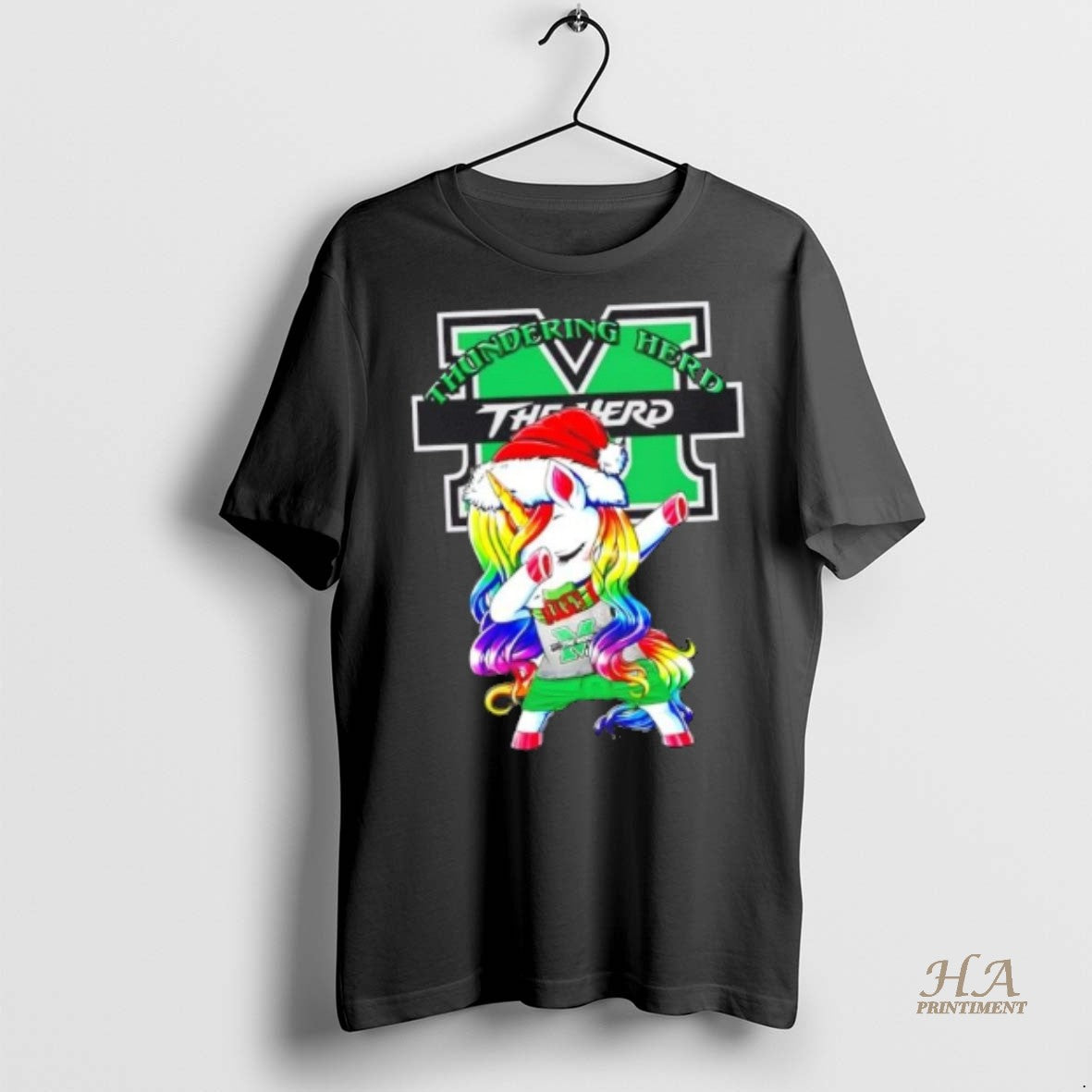 Official Marshall Thundering Herd Football X Unicorn Santa Hat Dabbing Merry Christmas Shirt