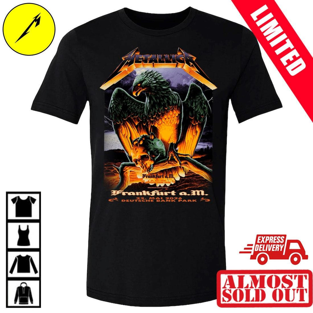 Max Loeffler Designed Metallica M72 Frankfurt Germany 2026 Shirt – Creepy Eagle Gripping Skull – Deutsche Bank Park Concert May 24 Metal Tee